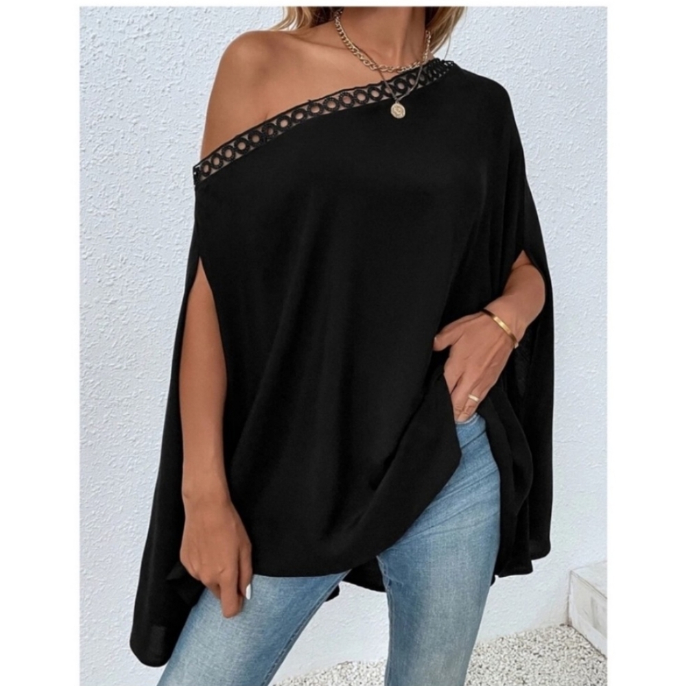 Luxe Black One-Shoulder Draped Blouse – Effortless Elegance